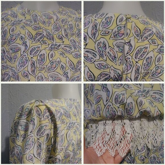 Vintage Dress with Lace around the waist- yellow with abstract leaf patttern - Picture 8 of 9